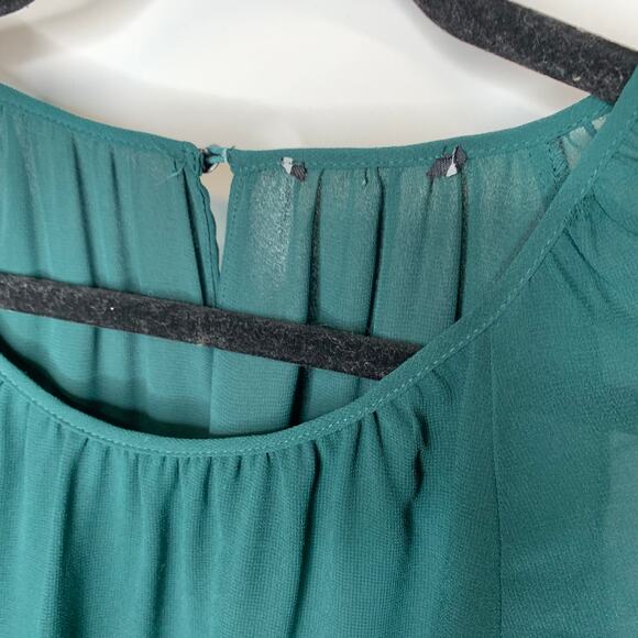 Dark Green Chiffon Blouse Gathered Bishop Sleeves Sz Medium - Picture 8 of 11